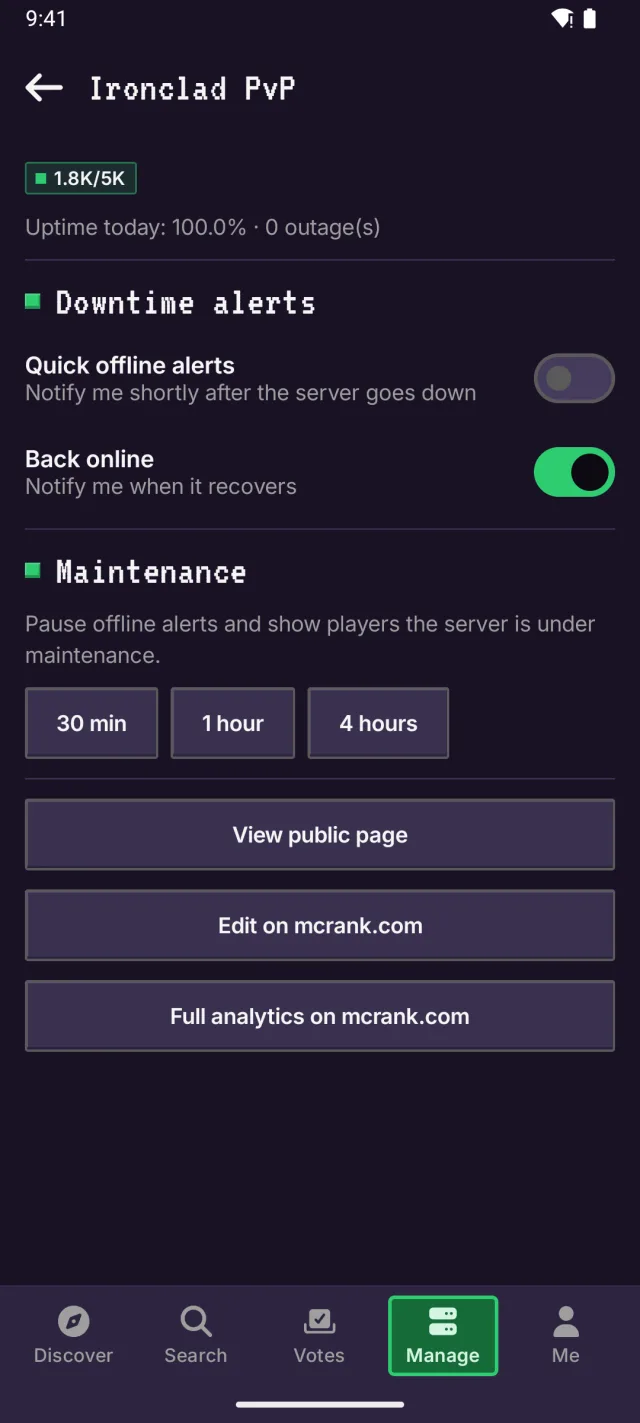 A server owner's dashboard in the MCRank app with downtime alerts and maintenance controls