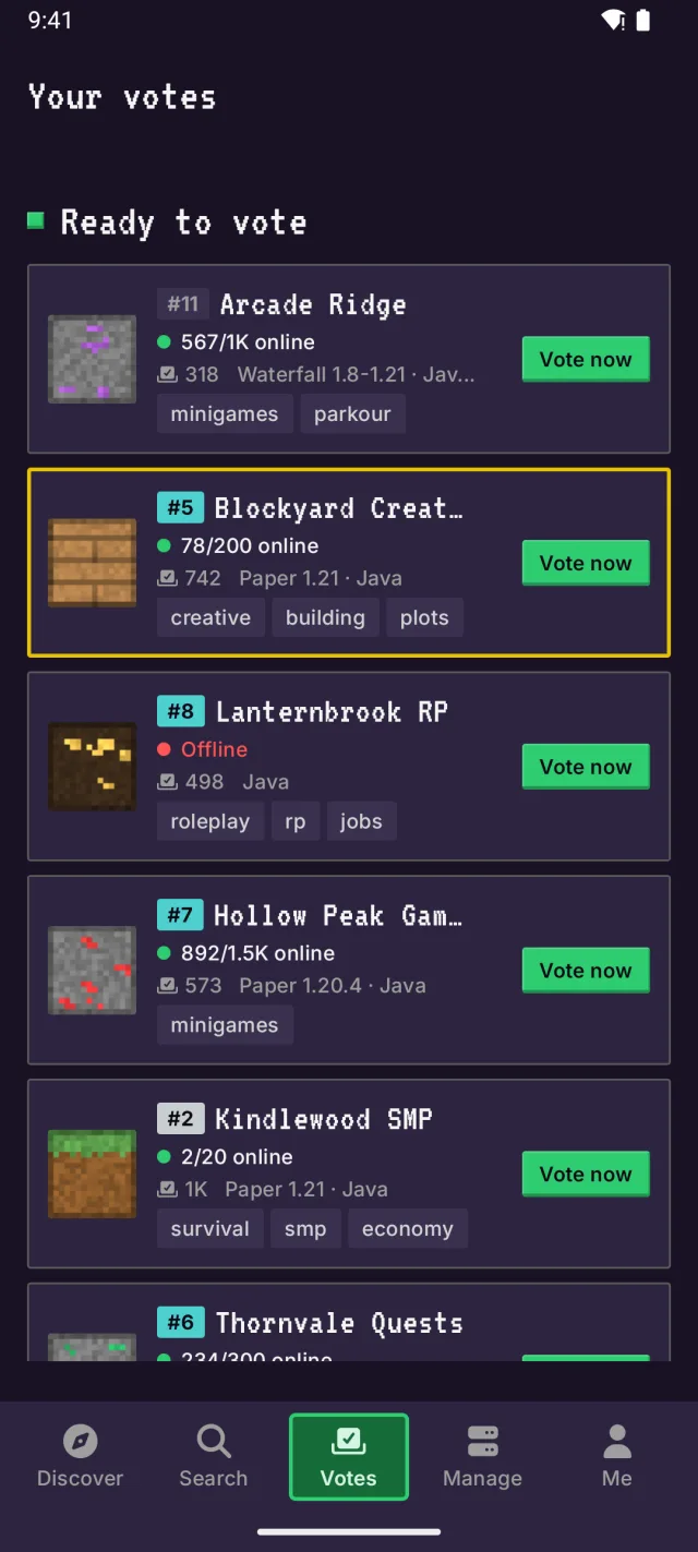 Your votes in the MCRank app on Android: servers ready to vote for, each with a Vote now button
