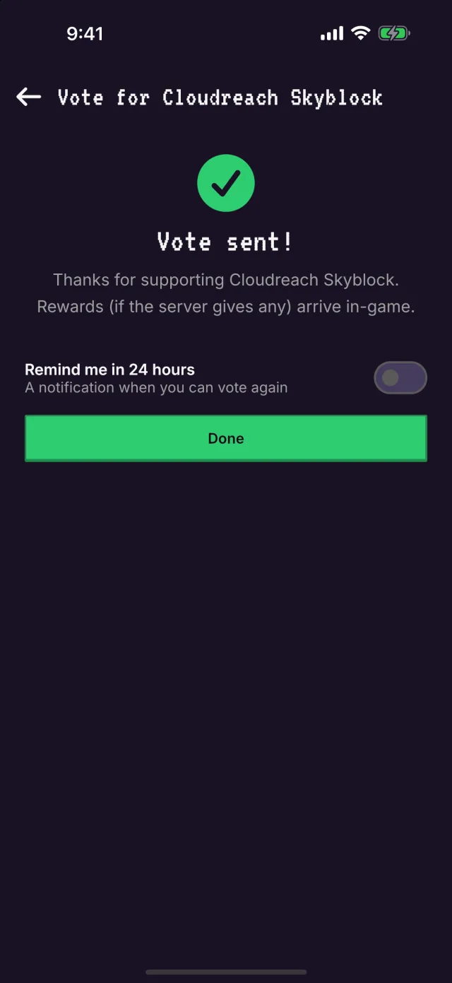 The vote confirmation in the MCRank app, with an option to be reminded in 24 hours