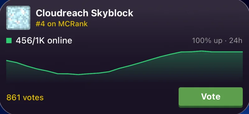 The MCRank home screen widget on iPhone: a server with players online, uptime, a 24-hour player graph and a Vote button